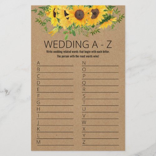 Sunflowers Bridal Shower Game A to Z Card Flyer