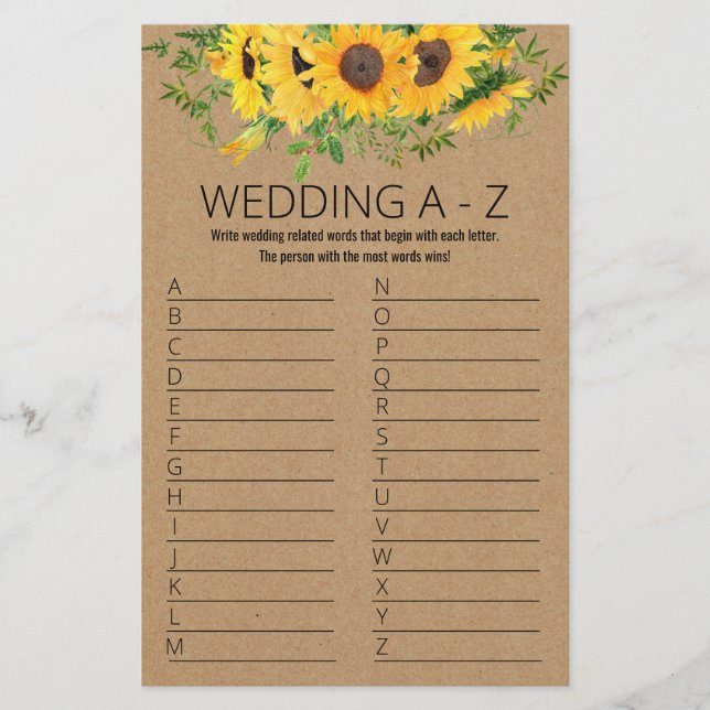 Sunflowers Bridal Shower Game A to Z Card Flyer (Front)