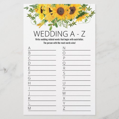 Sunflowers Bridal Shower Game A to Z Card Flyer