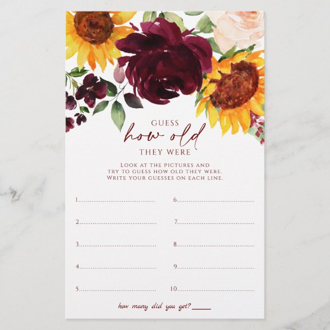 Sunflowers Bridal Shower Game How Old Were They (Front)