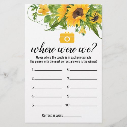 Sunflowers Bridal Shower Game Where Were We Card Flyer