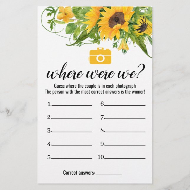 Sunflowers Bridal Shower Game Where Were We Card Flyer (Front)