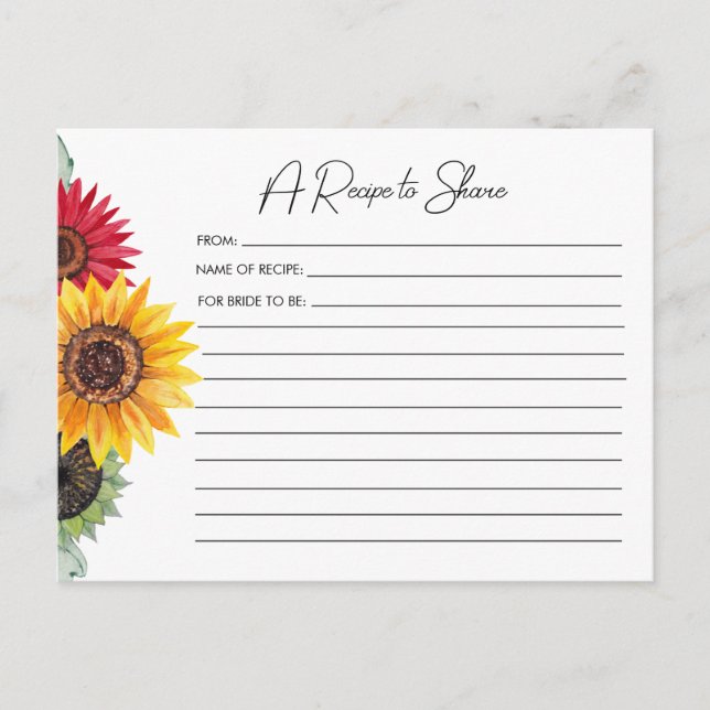 Sunflowers Bridal Shower Recipe Card  (Front)