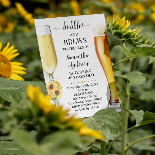 Sunflowers Bubbles and Brews Birthday Invitation