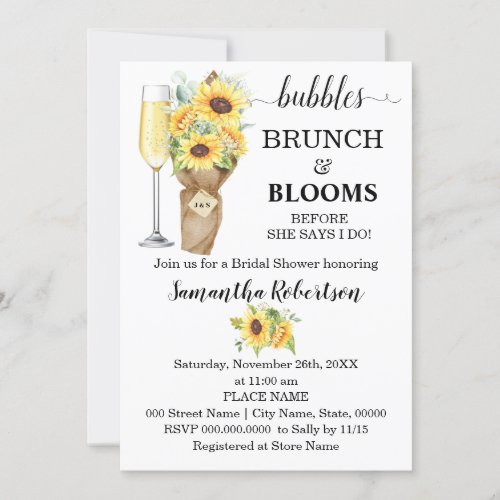 Sunflowers Bubbles Brunch  Blooms Bridal Shower Invitation
