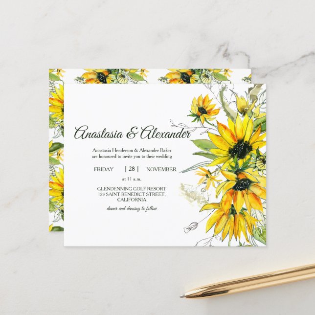 Sunflowers Budget Invitation to wedding ceremony. (Front/Back In Situ)
