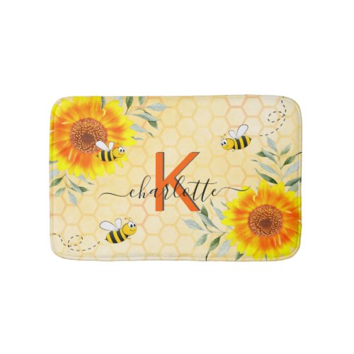 Sunflowers bumble bees yellow honeycomb monogram bath mat