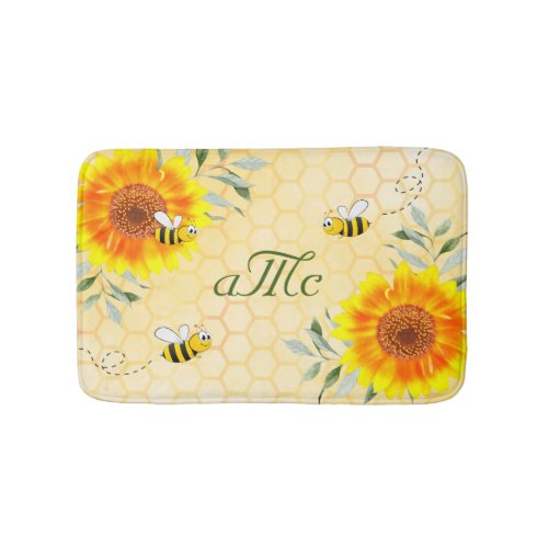 Sunflowers bumble bees yellow honeycomb monogram bath mat