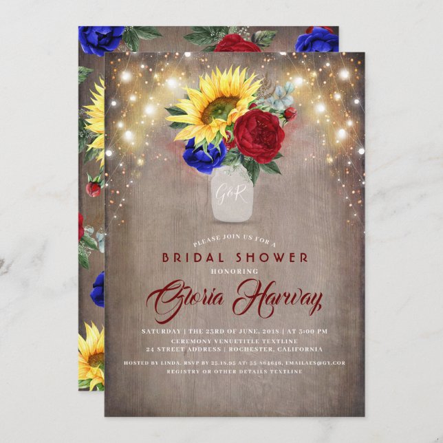 Sunflowers - Burgundy and Navy Blue Bridal Shower Invitation (Front/Back)