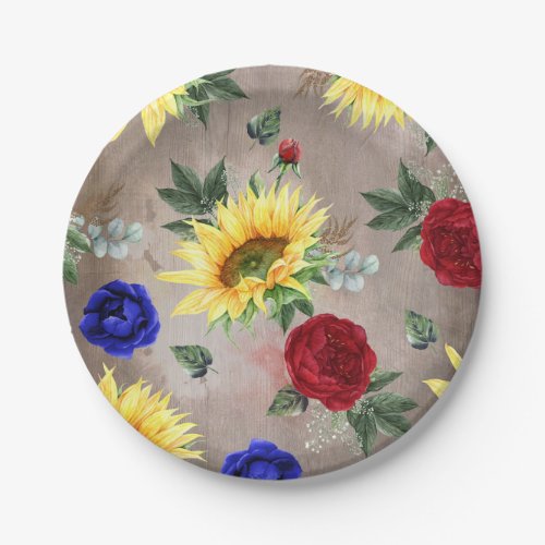 Sunflowers _ Burgundy and Navy Blue Fall Rustic Paper Plates