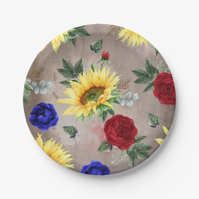 Sunflowers - Burgundy and Navy Blue Fall Rustic Paper Plates (Front)