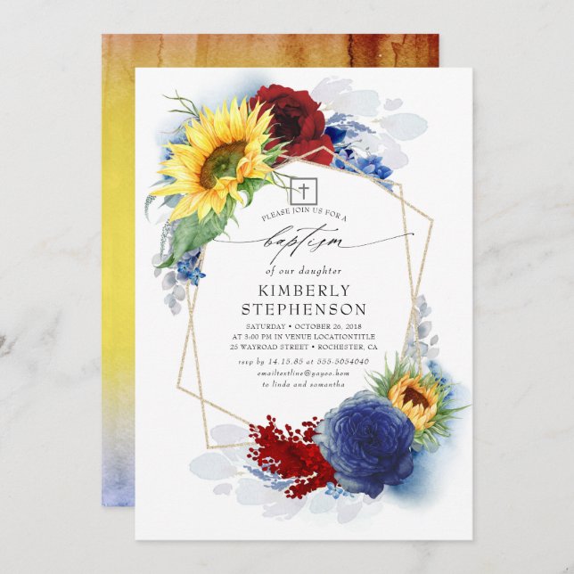 Sunflowers Burgundy and Navy Blue Floral Baptism Invitation (Front/Back)