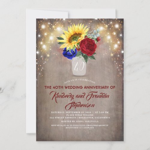 Sunflowers Burgundy and Navy Wedding Anniversary Invitation