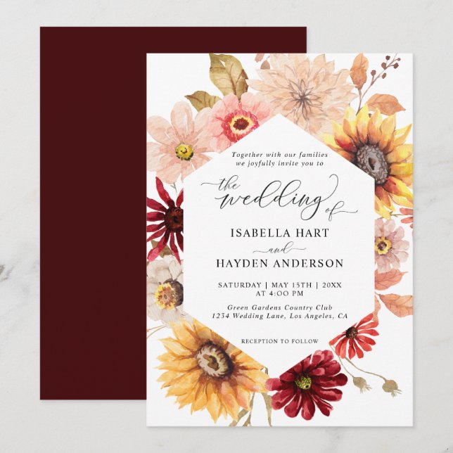 Sunflowers & Burgundy Fall Wild Floral Wedding Invitation (Front/Back)