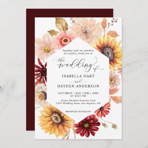 Sunflowers & Burgundy Fall Wild Floral Wedding Invitation
