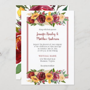 Sunflowers & Burgundy Floral Drop Burgundy Frame Invitation