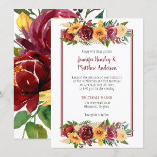 Sunflowers & Burgundy Floral Drop Burgundy Frame Invitation