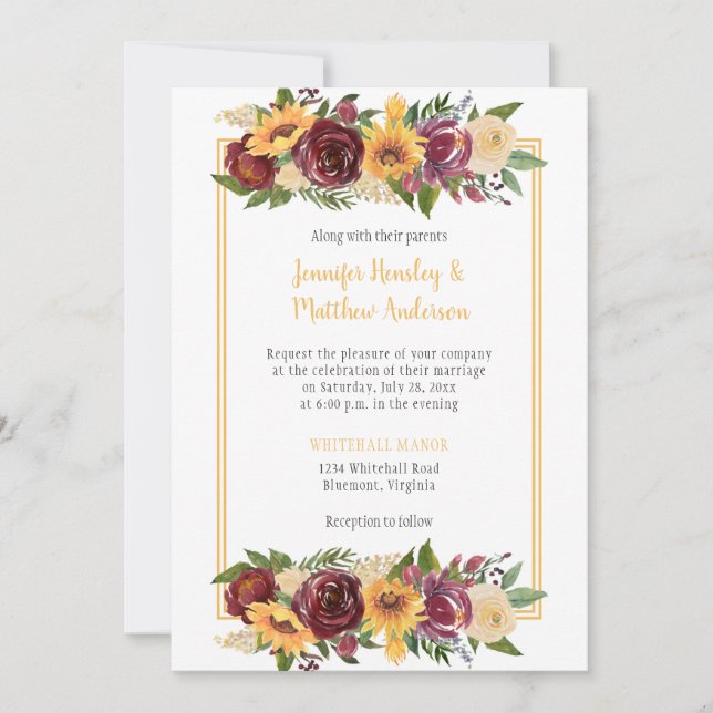 Sunflowers & Burgundy Floral Drop Gold Frame Invitation (Front)