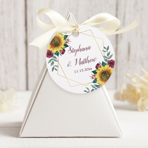 Sunflowers Burgundy Floral Geometric Wedding Favor Tags