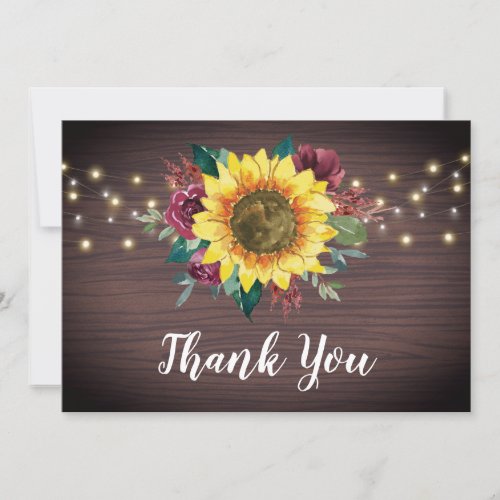 Sunflowers Burgundy Floral Lights Wood Wedding Thank You Card