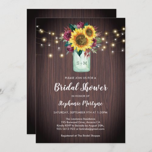 Sunflowers Burgundy Floral Mason Jar Bridal Shower Invitation