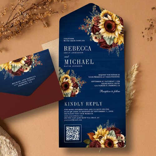  Sunflowers Burgundy Floral QR Code Navy Wedding All In One Invitation