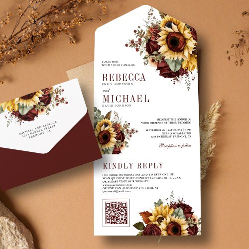  Sunflowers Burgundy Floral QR Code Wedding All In One Invitation