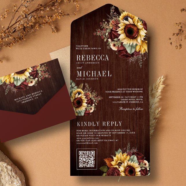  Sunflowers Burgundy Floral QR Code Wood Wedding All In One Invitation (Creator Uploaded)