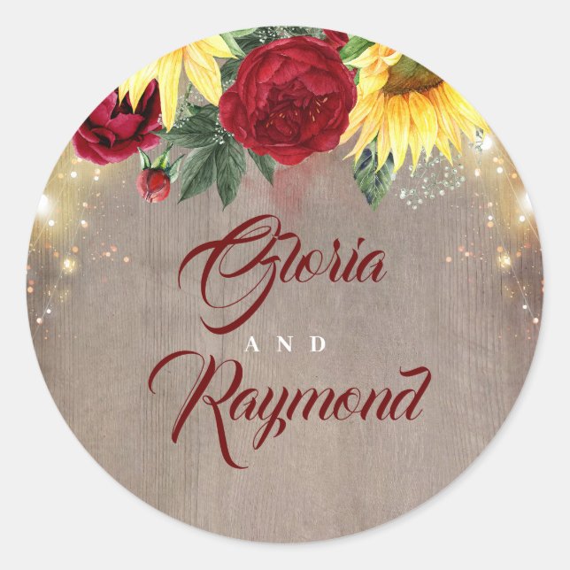 Sunflowers Burgundy Floral Rustic Fall Wedding Classic Round Sticker (Front)