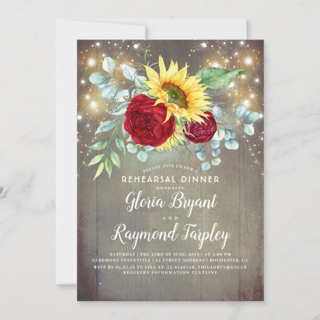 Sunflowers Burgundy Floral Rustic Rehearsal Dinner Invitation (Front)