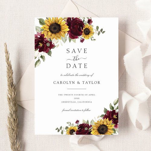 Sunflowers Burgundy Floral Rustic Save The Date In Invitation