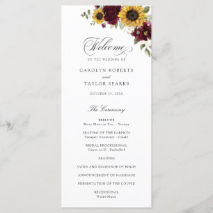 Sunflowers Burgundy Floral Rustic Wedding Program