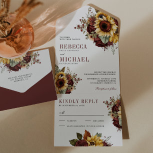  Sunflowers Burgundy Floral Wedding All In One Invitation