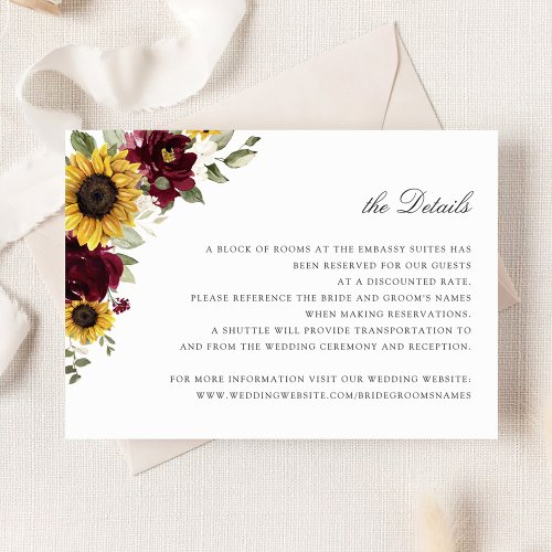 Sunflowers Burgundy Floral Wedding Details Card