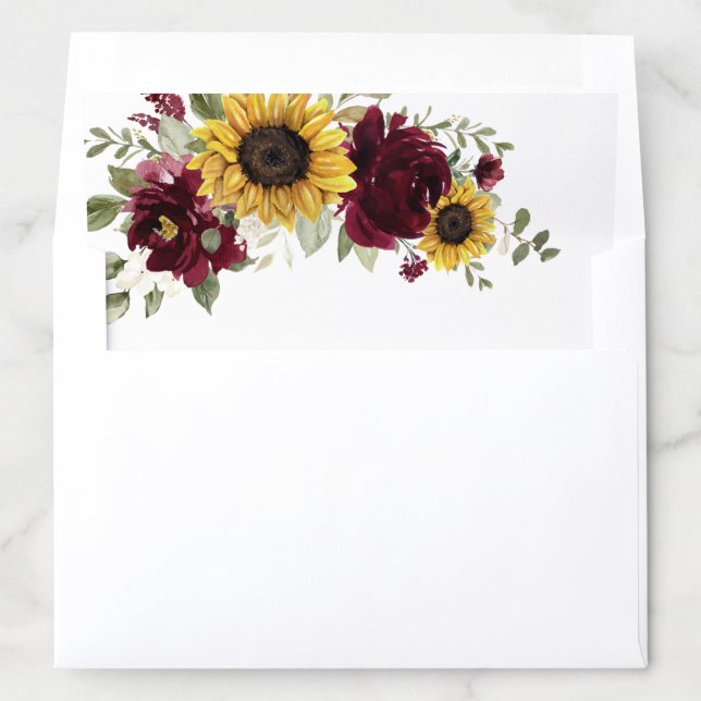 Sunflowers Burgundy Floral Wedding Envelope Liner (In Envelope)