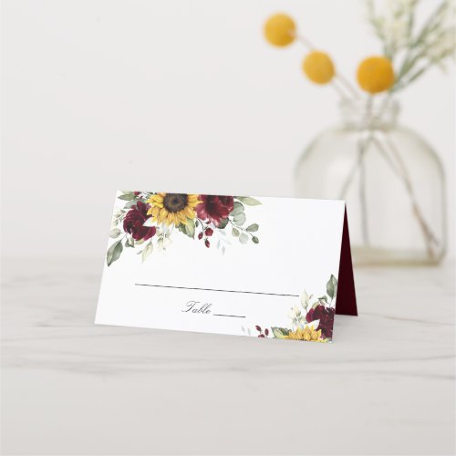 Sunflowers Burgundy Floral Wedding Place Card