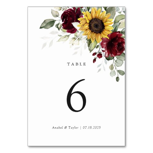 Sunflowers Burgundy Floral Wedding Table Number