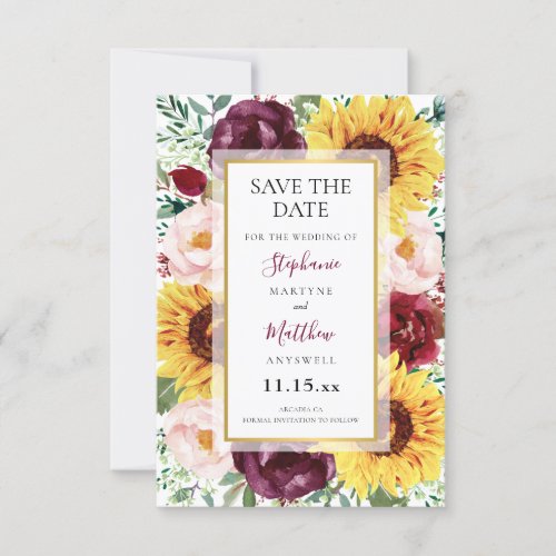 Sunflowers Burgundy Flowers Gold Wedding Save The Date