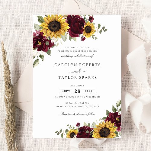 Sunflowers Burgundy Flowers Greenery Wedding Invitation