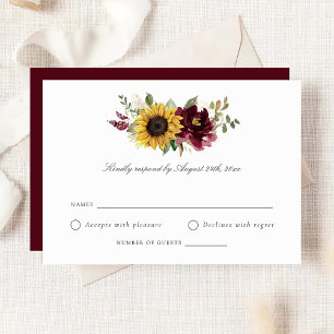 Sunflowers Burgundy Flowers Rustic Wedding RSVP I Invitation