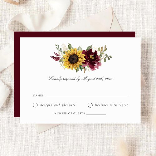 Sunflowers Burgundy Flowers Rustic Wedding RSVP  I Invitation