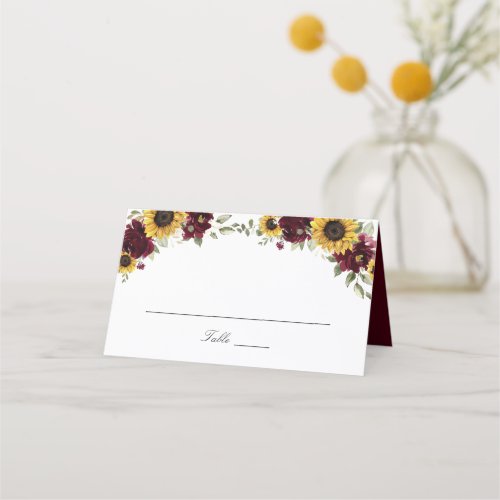 Sunflowers Burgundy Flowers Wedding Place Card