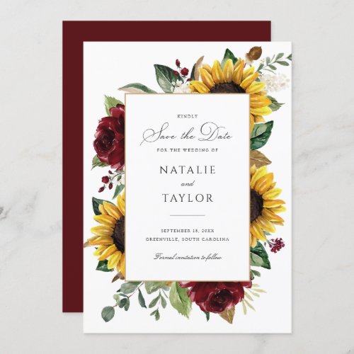 Sunflowers Burgundy Greenery Rustic Save the Date Invitation