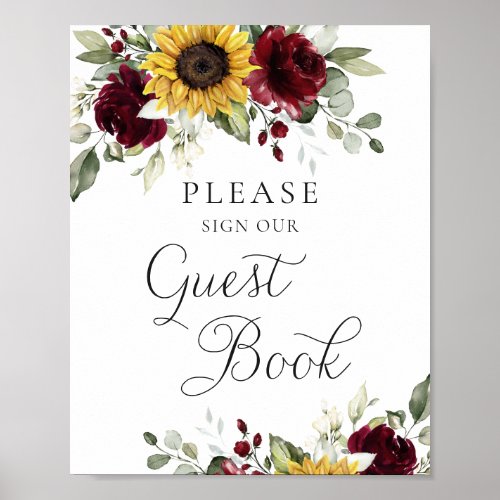 Sunflowers Burgundy Greenery Wedding Guest Book