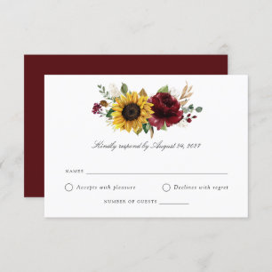 Sunflowers Burgundy Greenery Wedding RSVP Card