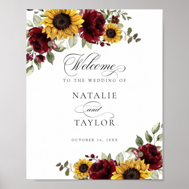 Sunflowers Burgundy Greenery Wedding Welcome Sign (Front)