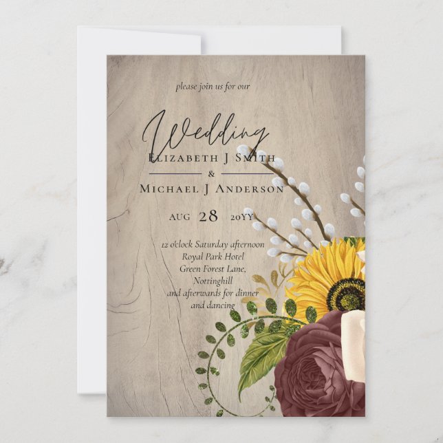 Sunflowers Burgundy Marsala Cheap Budget Wedding (Front)