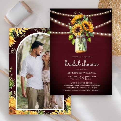 Sunflowers Burgundy Mason Jar Photo Bridal Shower Invitation