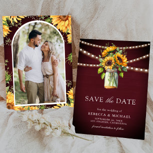 Sunflowers Burgundy Mason Jar Photo Wedding Save The Date