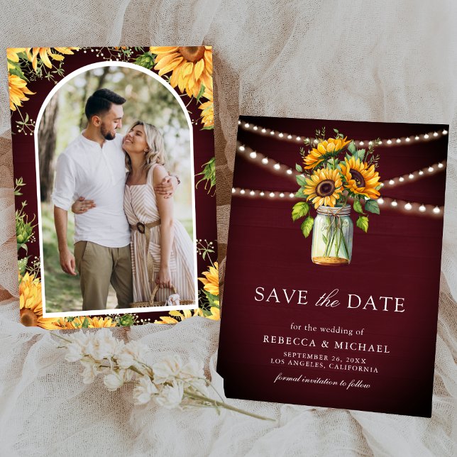 Sunflowers Burgundy Mason Jar Photo Wedding Save The Date (Creator Uploaded)
